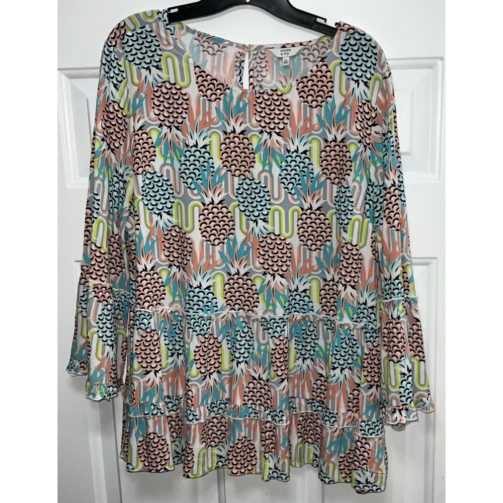 Crown & Ivy Tropical Beach Pineapple Business/Casual Blouse Women's XL